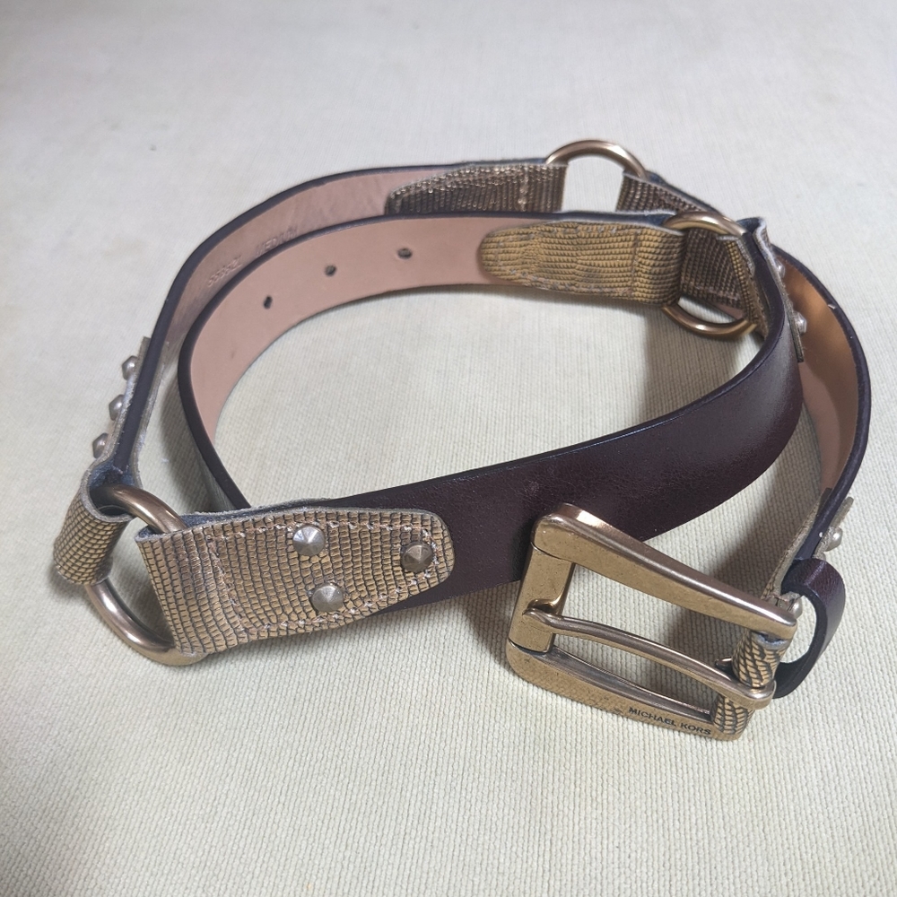 Michael Kors Brown Leather Belt Gold Accent Bronze Metal Hardware Goth Steampunk